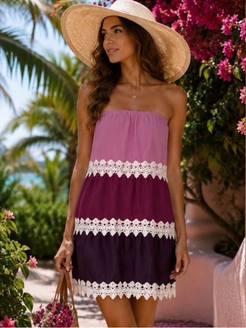 Miin Amethyst Ombré Tiered Crochet Lace Chiffon Strapless Dress S